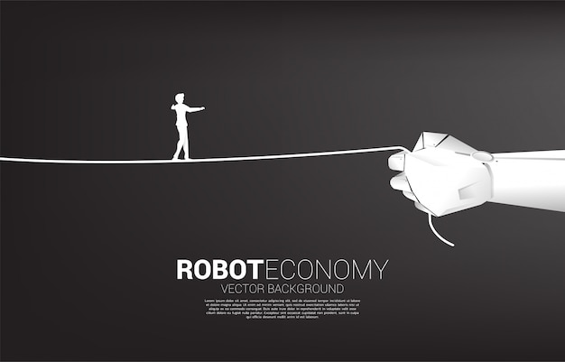 Silueta de hombre de negocios a pie de cuerda en la mano del robot. concepto de desafío empresarial y trayectoria profesional.