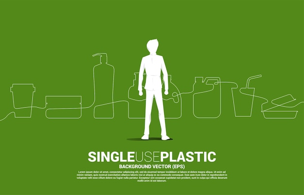 Silueta de hombre de negocios de pie con pantalla de una sola línea icono de plástico de un solo uso Silueta de botella de plástico en la vida