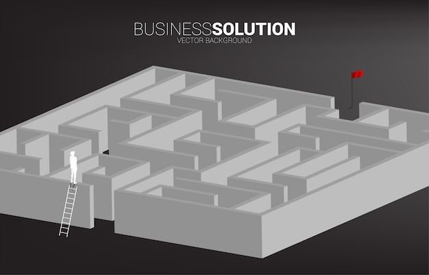 Silueta de hombre de negocios de pie a la parte superior del laberinto con escalera. concepto de negocio para resolución de problemas y estrategia de solución.