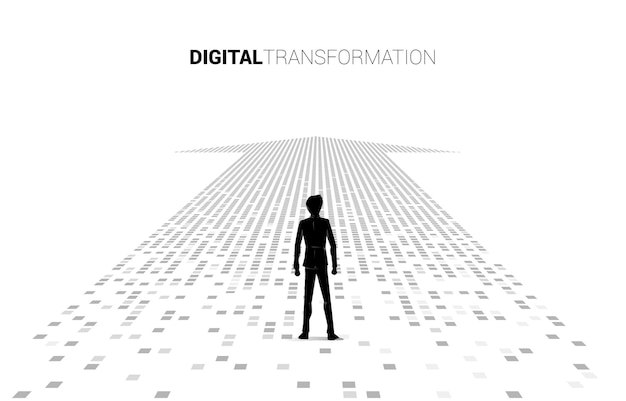Silueta, de, hombre de negocios, posición, en, el, flecha, de, pixel