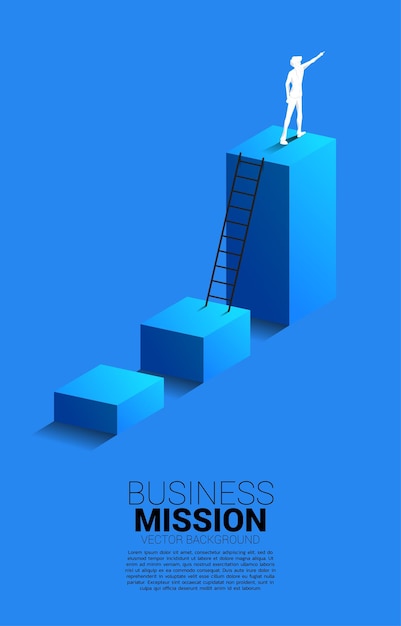 Silueta de hombre de negocios señalar con el dedo en el gráfico de barras superior con escalera Concepto de misión de visión y objetivo de negocio