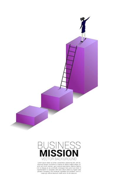 Silueta de hombre de negocios señalar con el dedo en el gráfico de barras superior con escalera concepto de misión de visión y objetivo de negocio