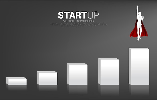 Silueta de hombre de negocios volando a una columna superior del gráfico. concepto de impulso y crecimiento empresarial.