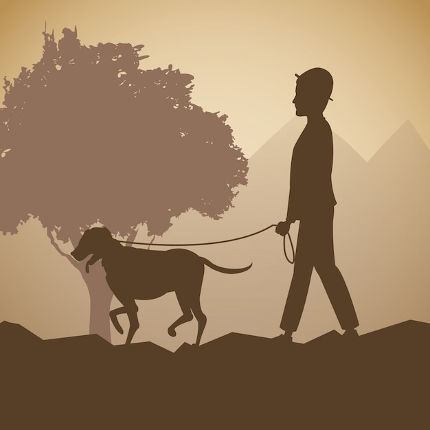 Vector silueta hombre y perro caminar fondo del bosque