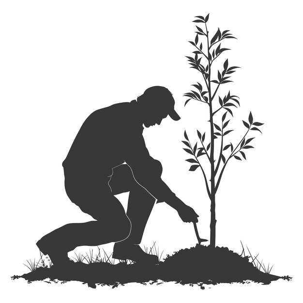 Vector silueta de un hombre plantando un árbol en el suelo solo color negro