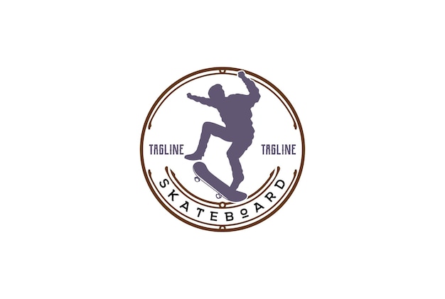 Silueta de hombre saltando con la etiqueta del emblema de la insignia del monopatín para el vector de diseño del logotipo del club de patinadores