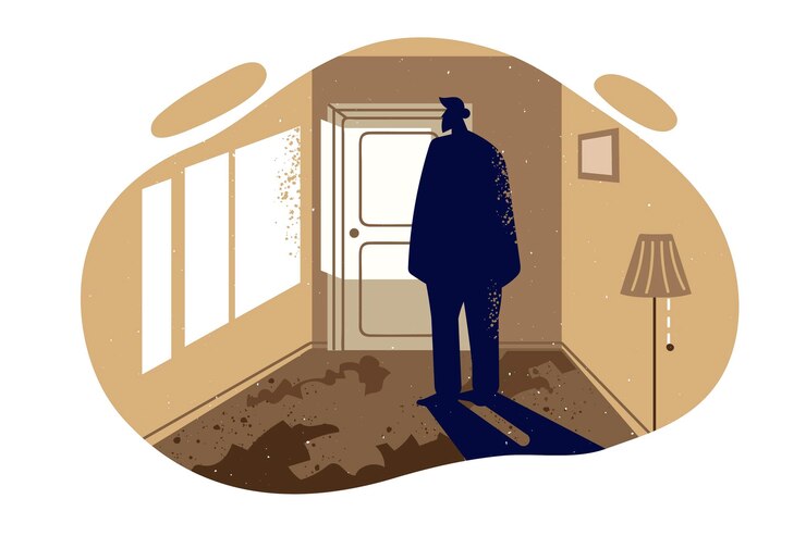 Vector silueta de un hombre solitario de pie en una habitación abandonada y en necesidad de adaptación social después de la bancarrota