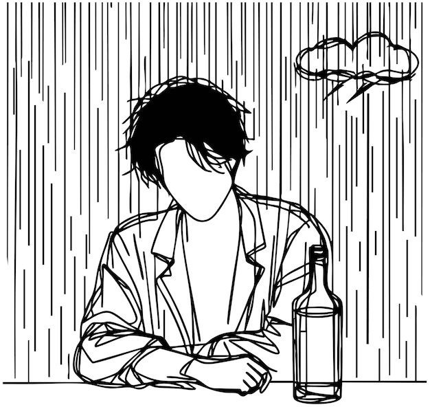 silueta hombre triste alcohólico en depresión bajo la lluvia boceto de línea aislado en blanco