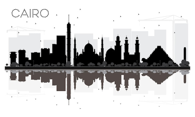 Silueta de horizonte blanco y negro de la ciudad de El Cairo con reflejos. Ilustración vectorial. Concepto plano simple para presentación turística, banner, cartel o sitio web. Paisaje urbano con hitos.