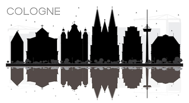 Silueta de horizonte blanco y negro de la ciudad de colonia alemania con reflejos ilustración vectorial