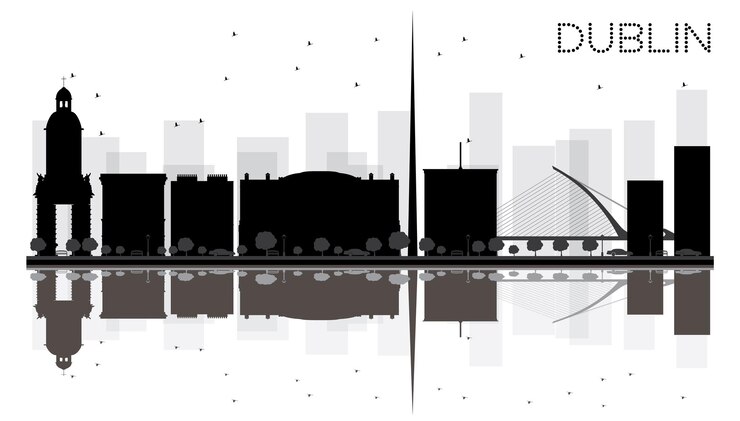 Vector silueta de horizonte blanco y negro de la ciudad de dublín con reflejos. ilustración vectorial. concepto plano simple para presentación turística, banner, cartel o sitio web. paisaje urbano con monumentos famosos.