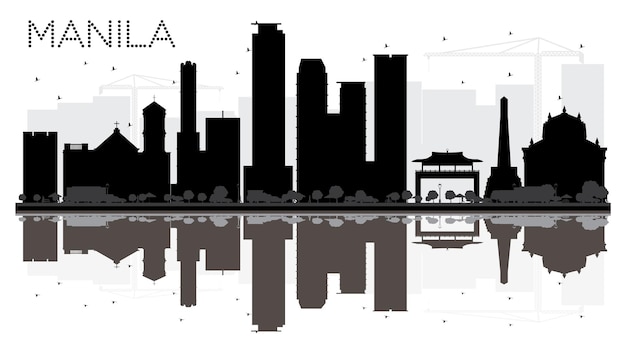 Silueta de horizonte blanco y negro de la ciudad de Manila con reflejos. Ilustración vectorial. Concepto plano simple para presentación turística, banner, cartel o sitio web. Paisaje urbano con hitos.