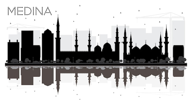 Silueta de horizonte blanco y negro de la ciudad de Medina Arabia Saudita con reflejos. Ilustración vectorial. Concepto de viajes de negocios. Paisaje urbano con hitos.