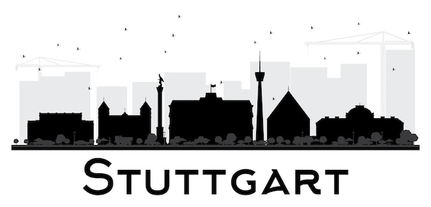 Silueta de horizonte blanco y negro de la ciudad de stuttgart. ilustración vectorial. concepto plano simple para presentación turística, banner, cartel o sitio web. paisaje urbano con hitos.