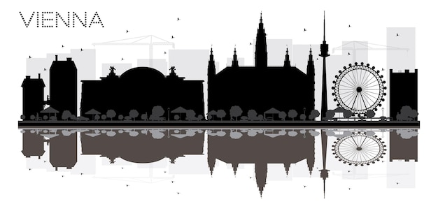 Silueta de horizonte blanco y negro de la ciudad de viena con reflejos. ilustración vectorial. concepto plano simple para presentación turística, banner, cartel o sitio web. paisaje urbano con hitos.