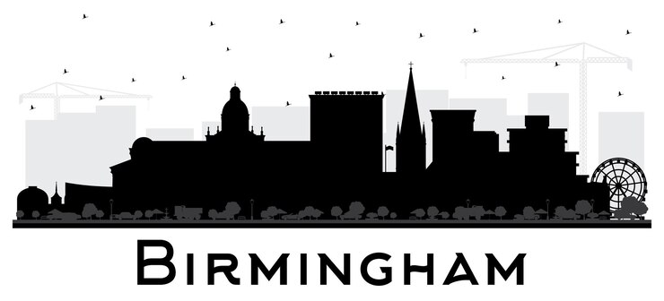 Vector silueta del horizonte de la ciudad de birmingham reino unido con edificios negros aislados en blanco
