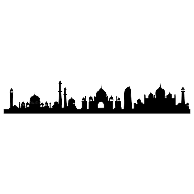 Silueta del horizonte de la ciudad de Delhi sobre un fondo blanco