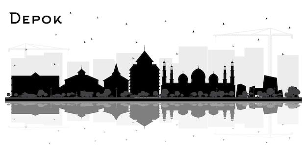 La silueta del horizonte de la ciudad de Depok, Indonesia, con edificios y reflejos negros aislados en blancos Viajes y concepto con arquitectura moderna El paisaje urbano de Depok con puntos de referencia