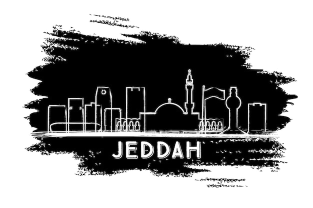 Silueta del horizonte de la ciudad de Jeddah Arabia Saudita. Boceto dibujado a mano. Ilustración de vector. Concepto de turismo y viajes de negocios con arquitectura histórica. Paisaje urbano de Jeddah con hitos.