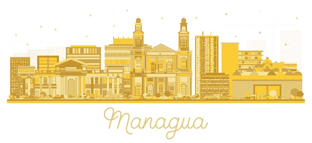 Silueta del horizonte de la ciudad de managua nicaragua con edificios dorados aislados en blanco. ilustración