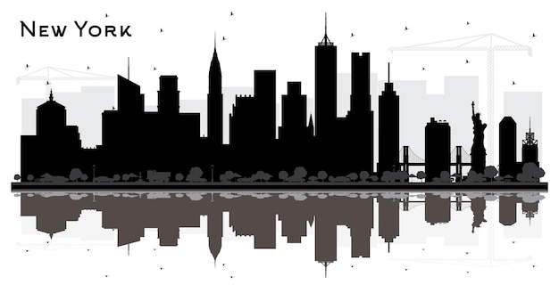 Silueta del horizonte de la ciudad de Nueva York, Estados Unidos, con edificios negros y reflejos aislados en blanco. Ilustración de vector. Concepto de turismo y viajes de negocios. Paisaje urbano de Nueva York con hitos.