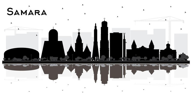 Vector silueta del horizonte de la ciudad de samara rusia con edificios negros y reflejos aislados en blanco
