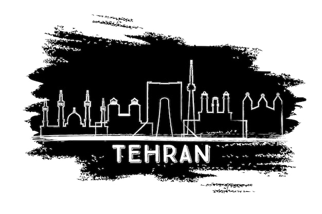Silueta del horizonte de la ciudad de teherán irán. boceto dibujado a mano. ilustración de vector. concepto de turismo y viajes de negocios con arquitectura moderna. paisaje urbano de teherán con hitos.