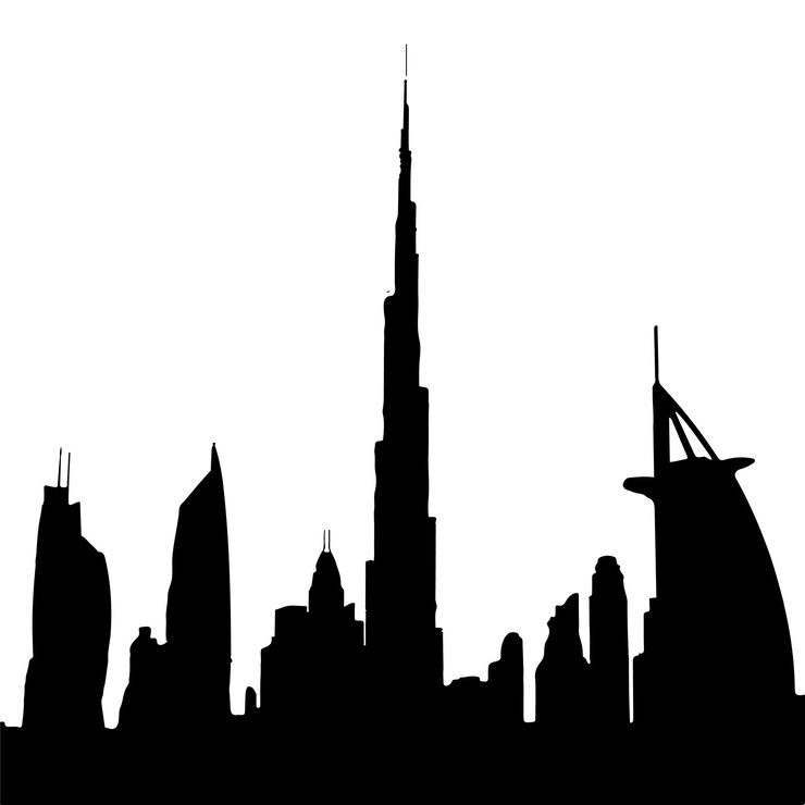 Silueta del horizonte de Dubai con edificios icónicos y puntos de referencia en monocromático
