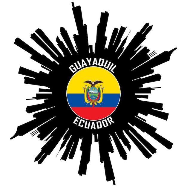 Silueta del horizonte de Guayaquil Bandera de Ecuador Etiqueta de recuerdo de viaje Ilustración vectorial