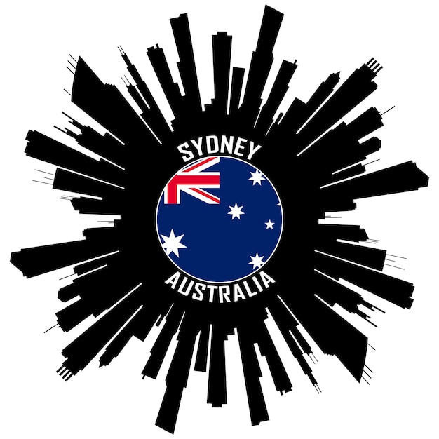 Silueta del horizonte de Sydney Bandera de Australia Etiqueta engomada del recuerdo del viaje Ilustración vectorial