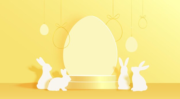 Silueta de huevo con huevos dorados conejos y podio en colores amarillos pancarta vectorial para Pascua