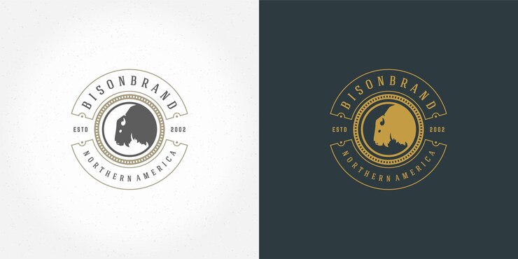 Silueta de ilustración de vector de emblema de logotipo de cabeza de bisonte para camisa o sello de impresión. Insignia de tipografía vintage o diseño de etiqueta.