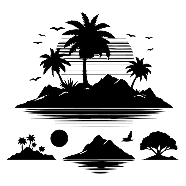 Silueta de una isla tropical con palmeras y puesta de sol