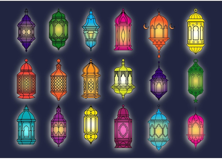 Silueta islámica de Ramadán Set de linternas coloridas Ilustración vectorial