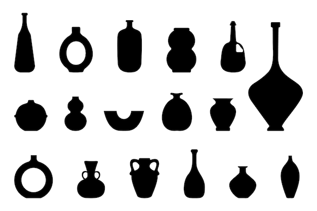 Silueta de jarrones negros sobre fondo blanco Cerámica antigua minimalista para interiores Conjunto de siluetas de jarrones y jarrones Diferentes jarrones y recipientes de cerámica antiguos