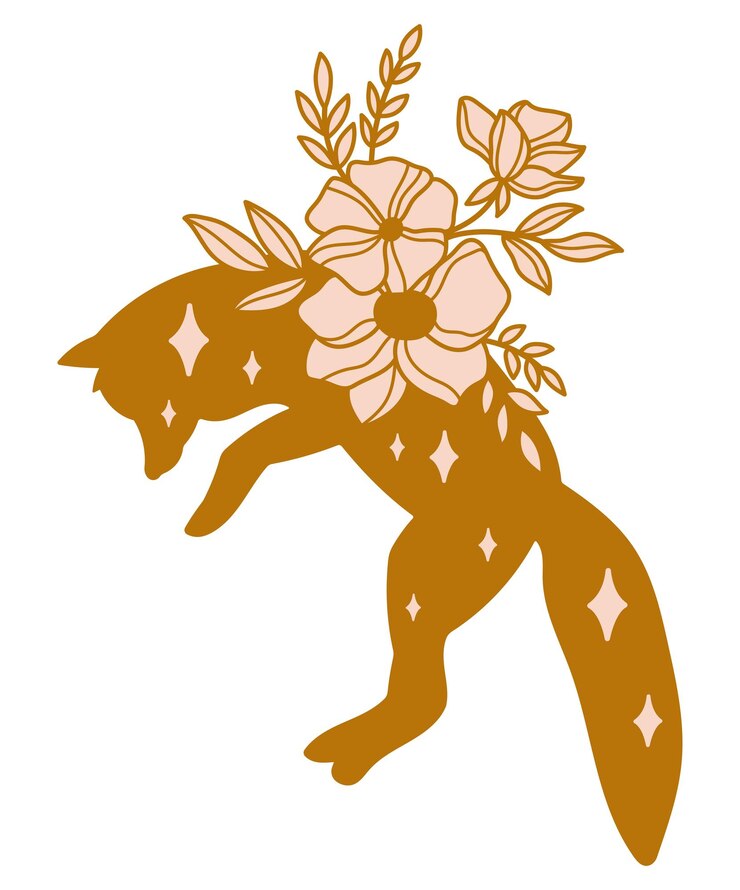 Vector silueta de jengibre de zorro de flores silvestres. ilustración de vector de animales salvajes florales místicas celestiales