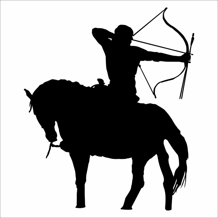 Vector silueta de un jinete disparando flechas