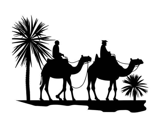 Vector silueta de jinetes de camellos logotipo negro siluetas de animales iconos jinetes de camellos silueta de palma del desierto