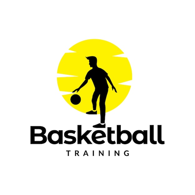 Silueta joven entrenamiento driblar baloncesto con puesta de sol logo diseño vector símbolo gráfico