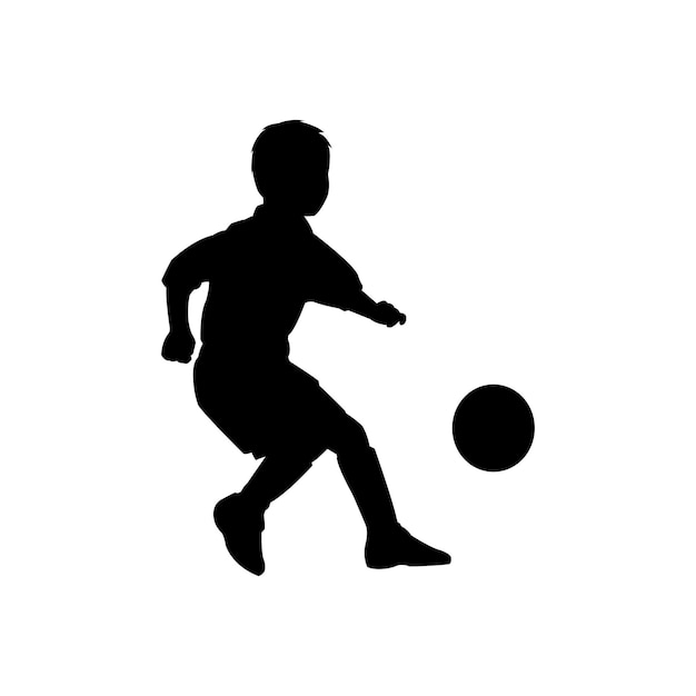 Silueta de un jugador de fútbol. Niño pateando la pelota. Niños jugando al fútbol. Ilustración vectorial.