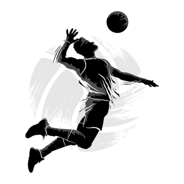 Silueta de jugador de voleibol masculino volando y rompiendo la pelota. ilustración vectorial