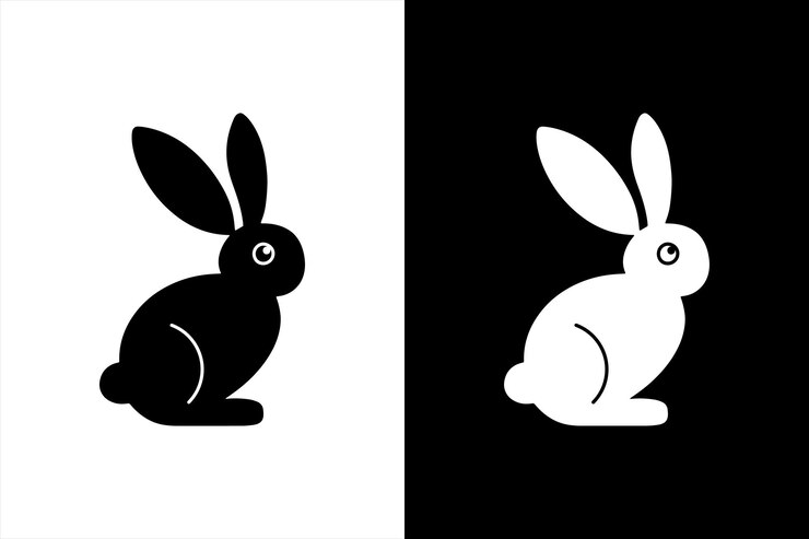 Silueta lateral negra y blanca de un conejo aislado sobre un fondo blanco y negro
