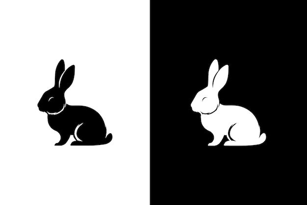 Silueta lateral negra de un conejo aislado sobre un fondo blanco y negro