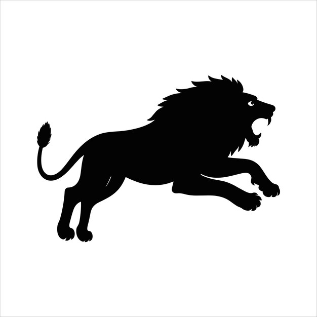Silueta de un león poderoso y dominante saltando contra un fondo blanco limpio