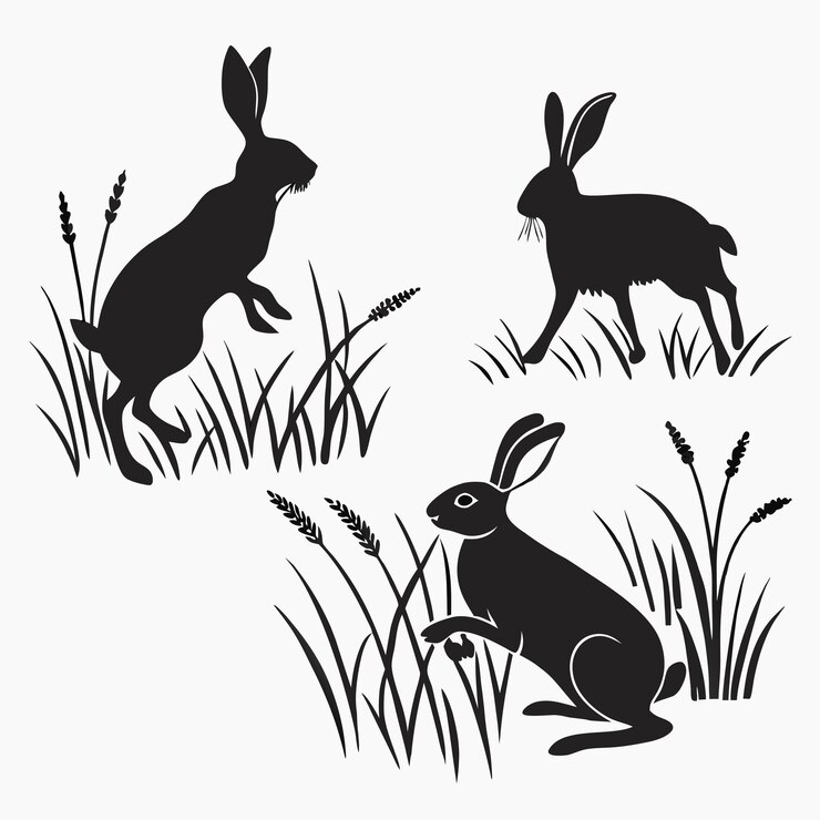 Vector silueta de liebres en el césped