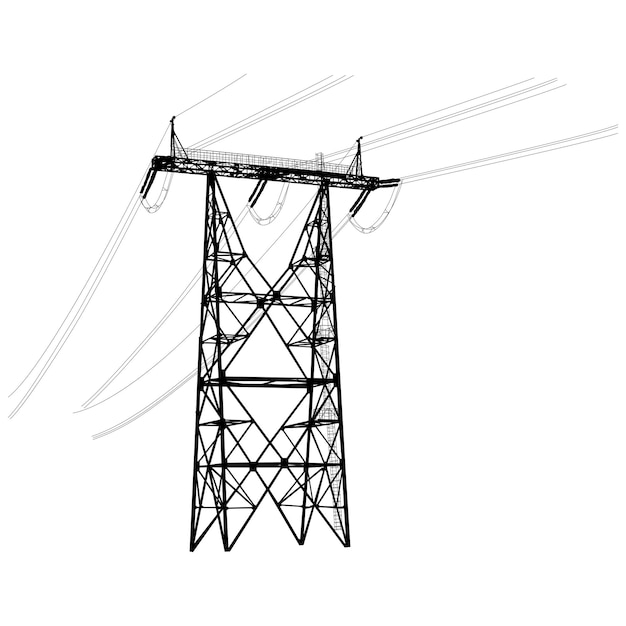 Silueta de líneas eléctricas de alta tensión sobre un fondo blanco