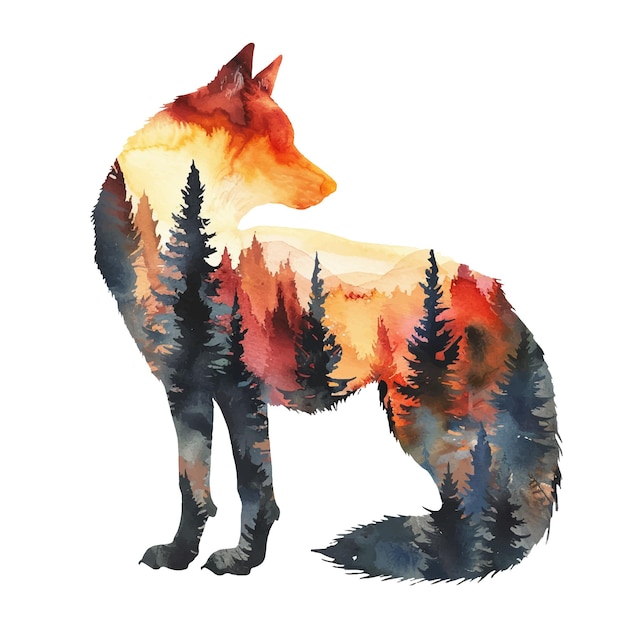 silueta de lobo con escena forestal dentro de la ilustración vectorial en estilo acuarela
