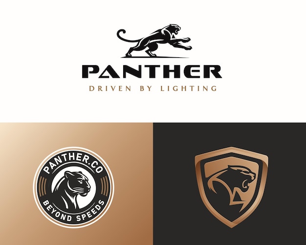 La silueta del logotipo de la Pantera Negra, el puma, el motor de velocidad salvaje, la plantilla del logotipo para negocios.