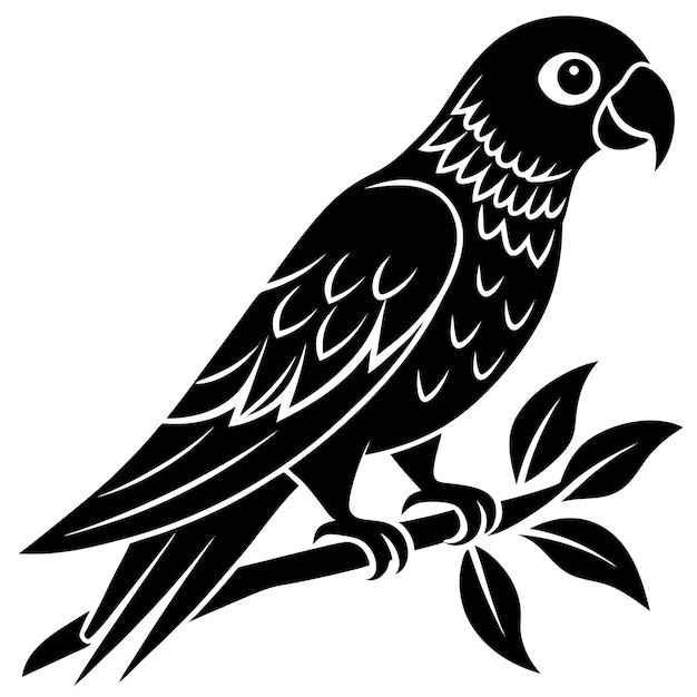 Silueta de loro blanco y negro en un gráfico vectorial de rama