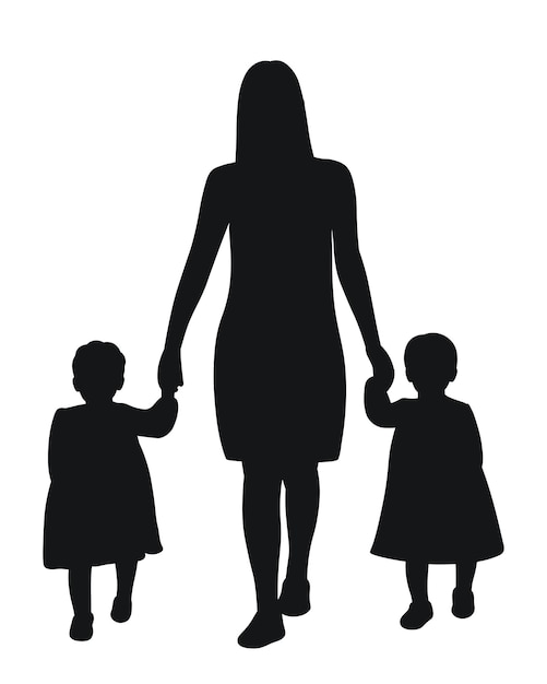 Silueta de madre con gemelos familia caminando madre y hermanas tomadas de la mano vector aislado